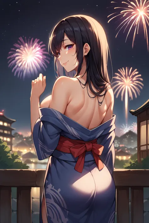 score_9, score_8_up, score_7_up, source_anime, from behind, cowboy shot, smile, ntsmsg, mole under eye, large breasts, purple eyes, black hair, long hair, yukata, sash, off shoulder, outdoors, night, starry sky, fireworks, skyline, <lora:Hoseki_WWY_Natsumi...