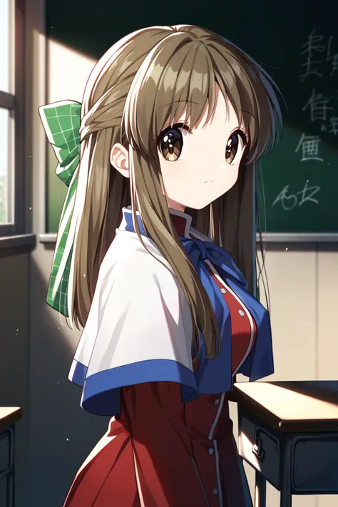 score_9, score_8_up, score_7_up, score_6_up, rating_safe, source_anime, best quality, masterpiece, detailed background, detailed eyes, classroom, writing on chalkboard, (from side), <lora:kurata-sayuri-xl-02:1.2>, kurata sayuri, kanon uniform, medium breas...