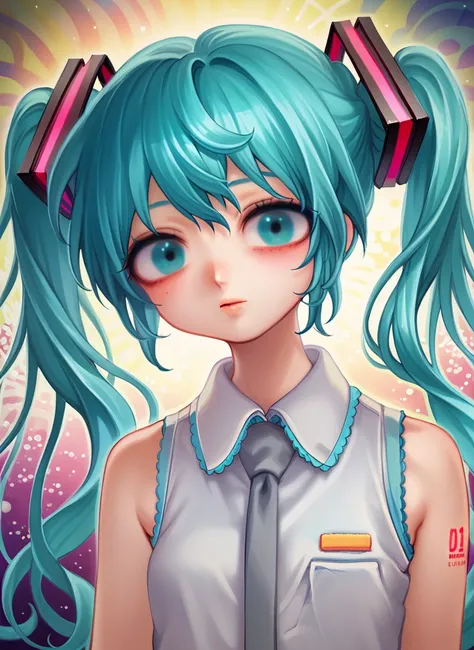 score_9, score_8_up, score_7_up, yukaman_style,
1girl, solo, hatsune miku, aqua hair, aqua eyes, white shirt, sleeveless, abstract, upper body, 
<lora:yukaman_pdxl2:1>