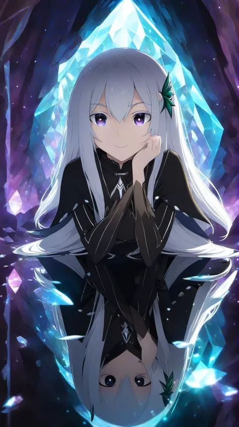 <lora:Anime Enhancer XL V2:.5> <lora:Echidna:1>1girl, echidna_rezero, , echidna_rezero inside a crystal cave, reflections multiplying her image, shimmering with iridescent lights