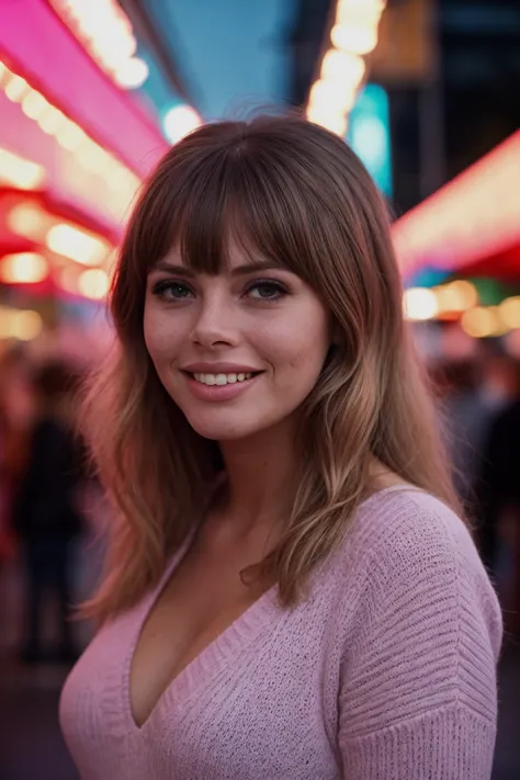 film photography, a beautiful girl with long wavy hair, bangs, at a carnival at night, wearing a sweater and pink sunglasses, cyan and magenta colors, smiling, fashion photo., realistic skin, professional photographer, depth of field, bokeh, shot on D3100,...