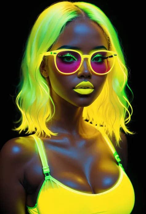 glowing neon yellow hair, glowing neon yellow glasses, glowing neon yellow tank top, glowing neon yellow lipstick, upper body po...