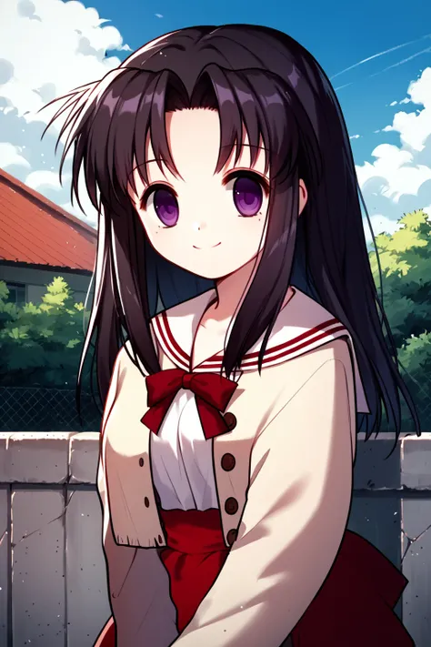 score_9, score_8_up, score_7_up, score_6_up, rating_safe, source_anime, best quality, masterpiece, detailed background, school rooftop, sunny, fence, <lora:kawana-misaki-xl-04:1>, kawana misaki, black hair, purple eyes, empty eyes, school uniform, red skir...