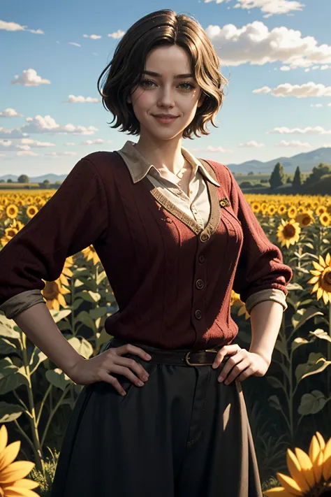 ((ultra detailed, masterpiece, absurdres))
 <lora:THLilianne:0.7>
THLilianne, 1girl, brown hair, surrounded by sunflowers in a bright field, smiling, with hands on hips