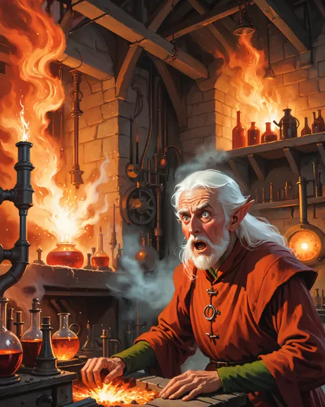 vintage pulp illustration, dramatic red lightnging, (detail close-up of an old elf scientist in a medieval laboratory, looking shocked, white hair and beard:1.2), machinery malfunction in the background, fire and flames, explosion and steam, fine details, ...