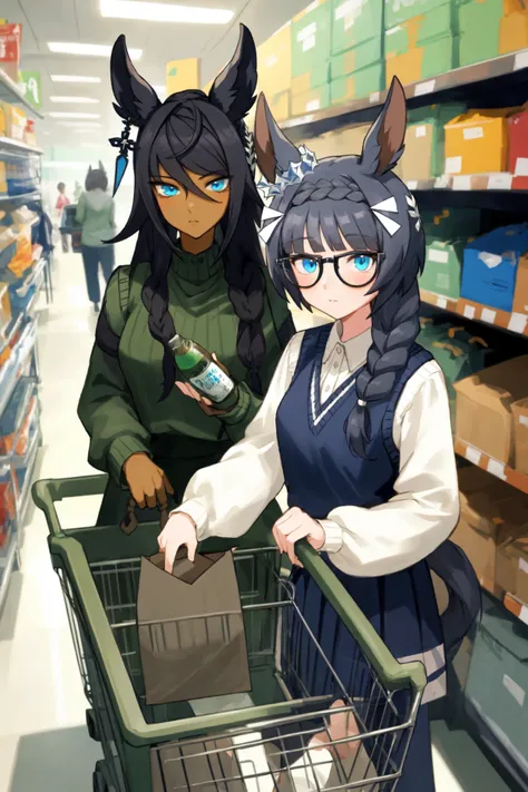 masterpiece, best quality,
2girls, zenno rob roy (umamusume), symboli kris s (umamusume), casual, collared shirt, holding bottle, crown braid, shopping cart, long sleeves, dark skin, dark-skinned female, side braid, looking at viewer, black-framed eyewear,...