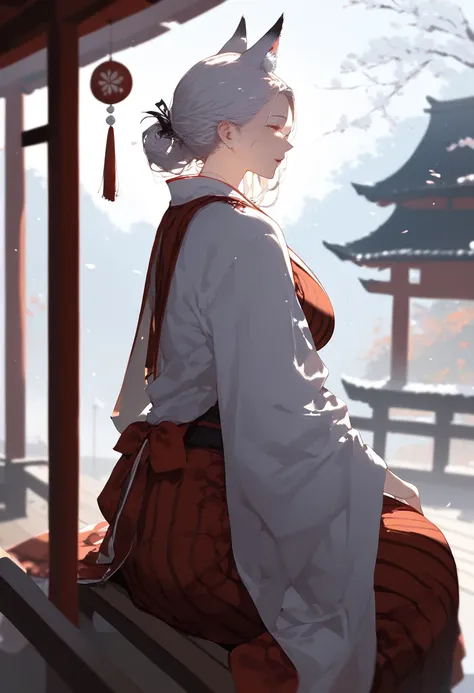 score_9, score_8_up, score_7_up, score_6_up, score_5_up, score_4_up, <lora:foe v0.5:1>, 1girl, solo, long hair, mature female, milf, white hair, kimono, white kimono, red striped kimono, miko, animal ears, shrine, sitting, outside, bench, looking away,