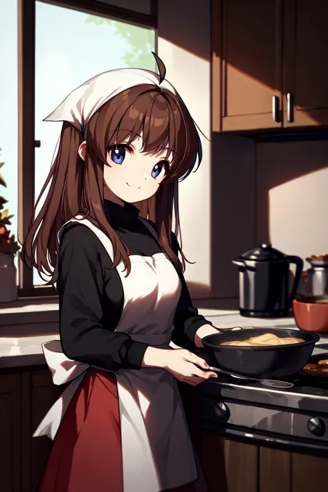 score_9, score_8_up, score_7_up, score_6_up, rating_safe, source_anime, solo, indoors, kitchen, (cooking soup),  <lora:miyazawa-yukine-xl-03:1>, miyazawa yukine, (white bandana), apron, black sweater, red skirt, black leggings, tiny ahoge, brown hair, smal...