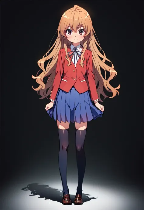 anime girl with long blonde hair in a red jacket and blue skirt