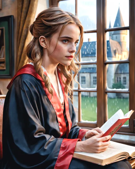 (1 girl) portrait of Emma Watson as Hermione Granger sitting next to a window reading a book, other hand not seeing, wearing black and red Hogwarts school robes, focused expression, golden hour, art by Kenne Gregoire, trending on artstation, (skin defect: ...