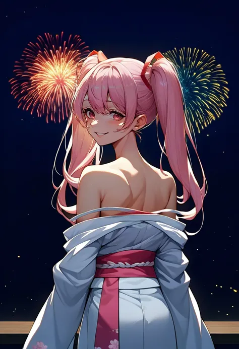 score_9, score_8_up, score_7_up, source_anime, from behind, solo, 1girl, sakuramiku, smile, looking back, twintails, white kimono, off shoulder, pink sash, bare shoulders, fireworks <lora:vocaloid_sakuramiku_ponyXL-000004:1>