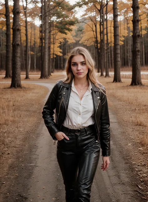 tv_Lucia_Munroe_MXAI, walking through the woods, wearing a leather duster, wearing leather pants, wearing a white shirt, wearing black boots, walking towards the camera, golden hour, god rays, (((Ultra-HD-details, Ultra-HD-detailed, Ultra-HD-realistic, Ult...