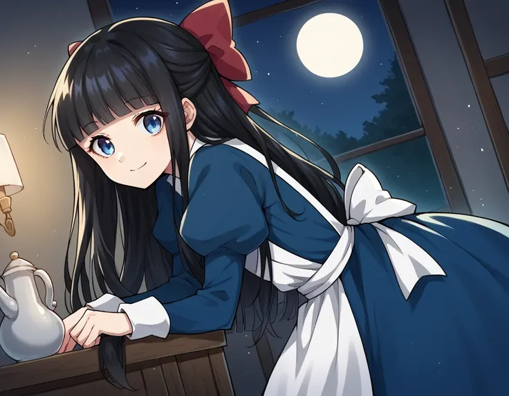 score_9, score_8_up, score_7_up, source_anime,
ayadrevis, <lora:aya-drevis-ponyxl-lora-nochekaiser:1>,
aya drevis, long hair, blue eyes, black hair, hair bow, red bow, bangs, blunt bangs,
long sleeves, dress, frills, puffy sleeves, apron, blue dress,
indoo...