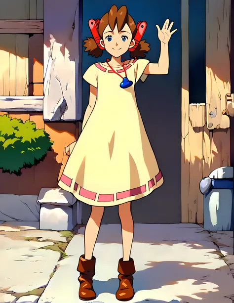 <lora:pony_xl_josette>,josette,score_9,score_8_up,score_7_up,source_anime,1girl,solo,looking_at_viewer,yellow dress,boots,lower the ocarina from the neck,wrinkling of clothing,nature,grove,standing,arms_up,waving,smile,full_shot,