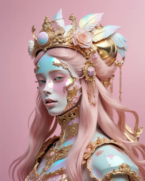 holographic robot, pastel pink and gold colors, wearing ornate rococo headpiece made of teeth with long hair blowing in the wind, porcelain skin, hyper realistic photography