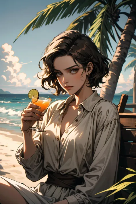 ((ultra detailed, masterpiece, absurdres))
 <lora:THLilianne:0.7>
THLilianne, 1girl, brown hair, at the beach, holding a cocktail, palm trees, ocean, sand