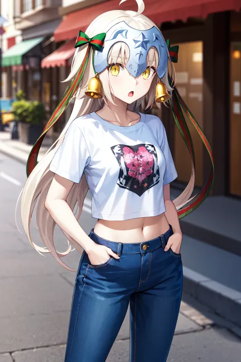 masterpiece, best quality, highres, aasl, long hair, ahoge, headpiece, bell, hair ribbon, <lora:jeanne_darc_alter_santa_lily_(fate)_v1:0.7>, white shirt, t-shirt, midriff, jean, hands in pockets, street, :o, standing, cowboy shot