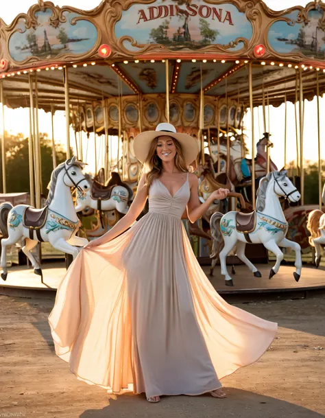 A woman named Addison, sipping a vodka drink near an enchanted abandoned vintage carousel during the golden hour of sunset, wears a flowing maxi dress and wide-brimmed hat while effortlessly embracing her elegance in every move - from her radiant smile to ...