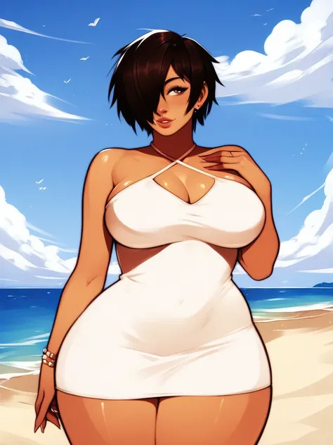 score_6_up,  1girl, tan, short hair, beach, dress, large breasts, wide hips, cowboy shot, sfw,    <lora:KorotsukePony:0.85>