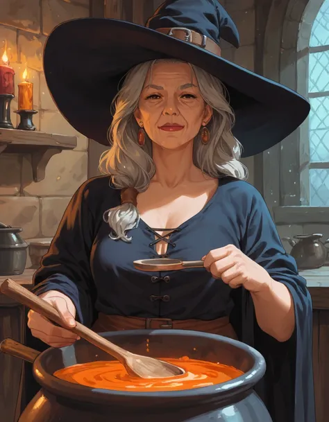 score_9, score_8_up, score_7_up, score_6_up, score_5_up, score_4_up, rating_safe, 1girl, mature female, old woman, witch, witch hat, pimple, cauldron, stirring,