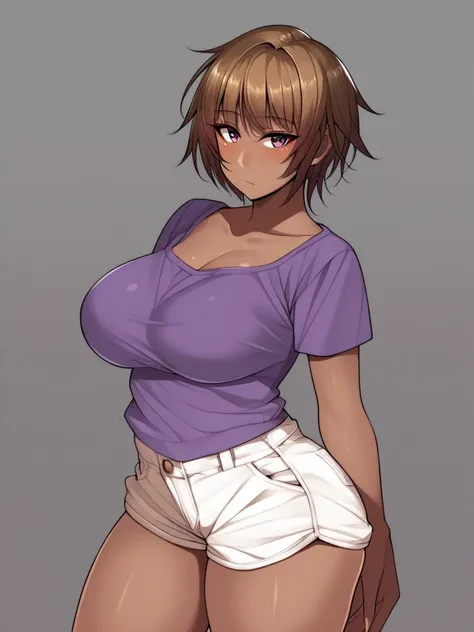 score_6_up,  1girl, bangs, blush, breasts, brown hair, collarbone, dark-skinned female, dark skin, large breasts, looking at viewer, purple shirt, shirt, short hair, short shorts, short sleeves, shorts, solo, white shorts <lora:KorotsukePony:0.85>