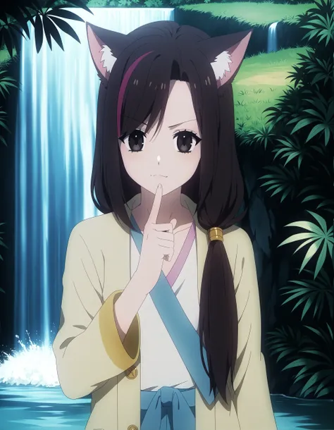 SHSZYZ, (score_9, score_8_up, score_7_up, score_6_up, source_anime:0.7), MCSubaru, solo, 1girl, catgirl, black eyes, raised eyebrow, low-tied long hair, streaked hair, safari jacket, leaf, hand up, outdoors, starlight falls, cascading starlight, ethereal m...