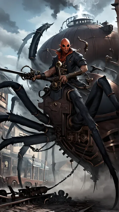 <lora:4r4chn1dXL:0.8>4r4chn1d, digital art, arachnid character, man, holding a weapon, in steam-powered town