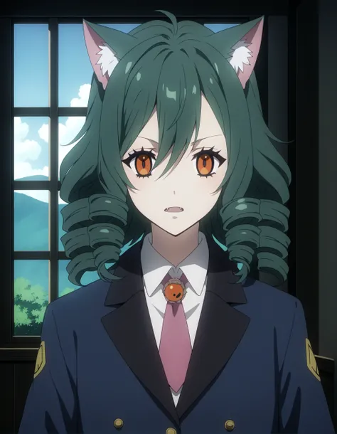 SHSZYZ, (score_9, score_8_up, score_7_up, score_6_up, source_anime:0.7), solo, 1girl, catgirl, orange eyes, panicking, drill hair, green hair, coat, necktie, tuxedo, indoors, barbed wire encampment, makeshift defenses, wary survivors, constant vigilance, (...