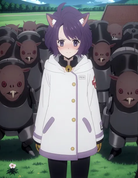 SHSZYZ, (score_9, score_8_up, score_7_up, score_6_up, source_anime:0.7), multiple rodent men, solo, 1girl, catgirl, purple eyes, embarrassed, flattop, bright purple hair, jacket, pokemon (creature), battle axe, outdoors, bionic street doc clinic, cyberneti...