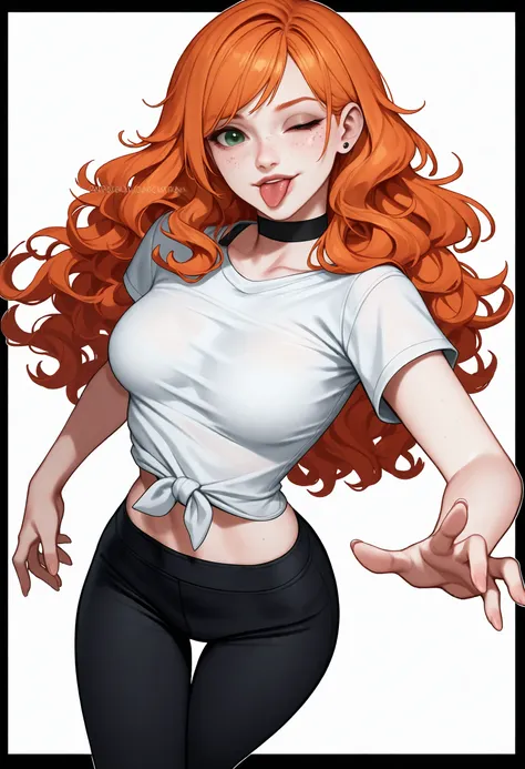 score_9, score_8_up, score_7_up, score_6_up, score_5_up, score_4_up,
BREAK
1girl, orange hair, wink, tongue out, green eyes, long hair, wavy hair, freckles, swept bangs,
BREAK
solo, medium breasts, white t-shirt, tied shirt, black yoga pants, black choker,...