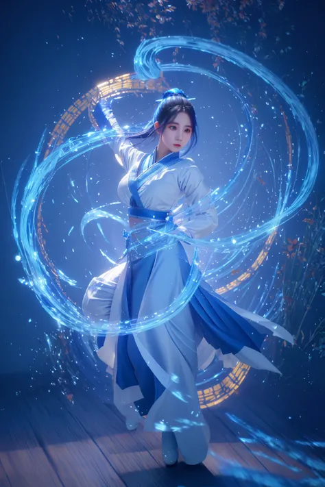 blue-aura,using blue-magic,blue-magic,ancient-costume,dancing,fighting stance,1girl,solo,<lora:magic_fighting_blue_with_reg_4_512_15:0.8>,