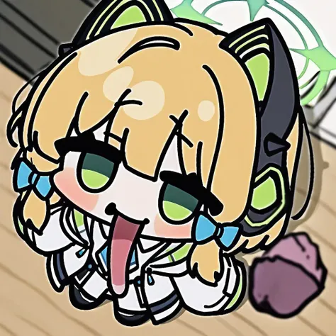 chibi, tongue out,long tongue,full body,(masterpiece),(best quality),1girl,midori (blue archive),blue archive,aiamu iamu,holding food,holding,hooded jacket,food,sidelocks,:d,collared shirt,blurry,long sleeves,puffy sleeves,headphones,blue bow,hand up,neckt...