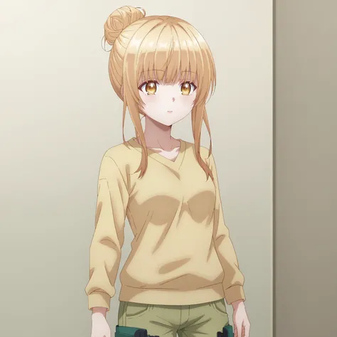 <lora:MahiruShiinaXLpony001>,
solo,
MahiruShiina,1girl,blonde hair,single hair bun,yellow eyes,
yellow sweater,collarbonea,
green pants,cargo_pants,