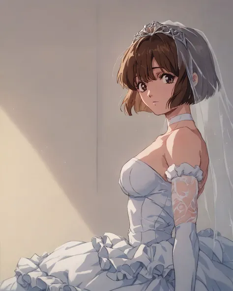 <lora:akemitakase_pny:0.75> akemitakase, 1gir, brown hair, short hair, bob cut, brown eyes, medium breasts, wedding dress, bare shoulders, frilled skirt, source_anime, (retro artstyle:0.6),, score_9, score_8_up, score_7_up, score_6_up, score_5_up, score_4_...