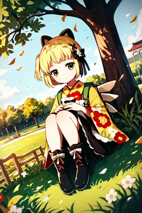 score_9, score_8_up, score_7_up, score_6_up, rating_safe, source_anime, best quality, masterpiece, detailed background, detailed eyes, park, sunny, sitting on grass, (dutch angle), knees together, windy, <lora:gekka-xl-05:1>, gekka, prima kimono, wing back...