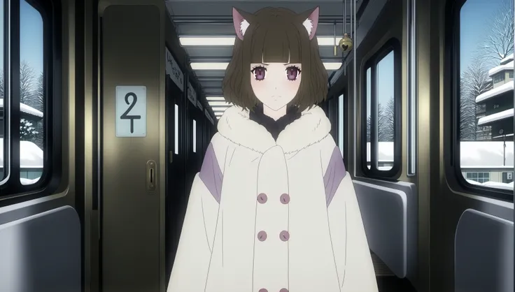 SHSZYZ, (score_9, score_8_up, score_7_up, score_6_up, source_anime:0.7), MCFujnek, solo, 1girl, catgirl, purple eyes, disappointed, hime cut, dark blonde hair, winter coat, gakuran, crack, indoors, train station, bustling platform, departure boards, travel...