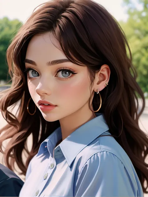 Realistic photo of a beautiful l1llyr43 woman,1girl, solo, long hair, looking at viewer, brown hair, shirt, jewelry, earrings, parted lips, collared shirt, blurry, lips, grey eyes, eyelashes, blurry background, blue shirt, portrait, realistic, looking at p...