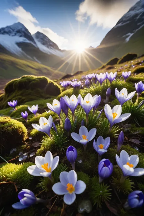 Documentary RAW Photography,Snow-capped mountains, blue crocuses flowers and moss, sunrise, sunrays, drops dew,clouds,lens flare, low wide angle, (sharpness in detail:1.1), masterpiece, 35mm photograph, (iconic photograph:1.4), (visual storytelling:1.2), f...