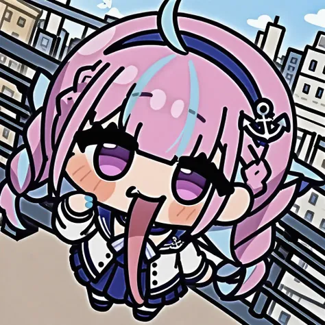 chibi, tongue out, long tongue, full body,(masterpiece),(best quality),1girl, solo, virtual youtuber, multicolored hair, minato aqua, long hair, skirt, braid, looking at viewer, twin braids, bird, bangs, blue hair, outdoors, pantyhose, long sleeves, purple...