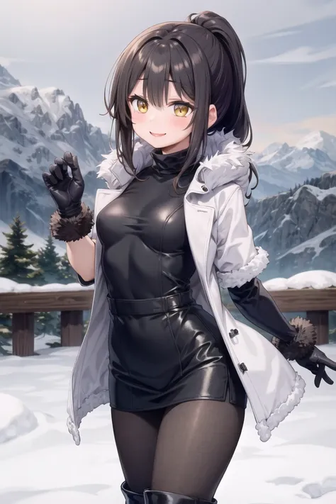 (masterpiece, best quality, beautiful and aesthetic:1.2), 1girl, solo,(soft skin:1.1),standing, cowboy shot,(detailed background), outside, snowstorm in the ice mountains, at dawn, winter clothes, (long overall coat:1.3), turtleneck sweater, (miniskirt:1.3...