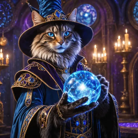 Professional Closeup photo An cat magician in a fantasy setting wearing a detailed magician outfit holding a blue glowing sphere,  detailed fur,  paws