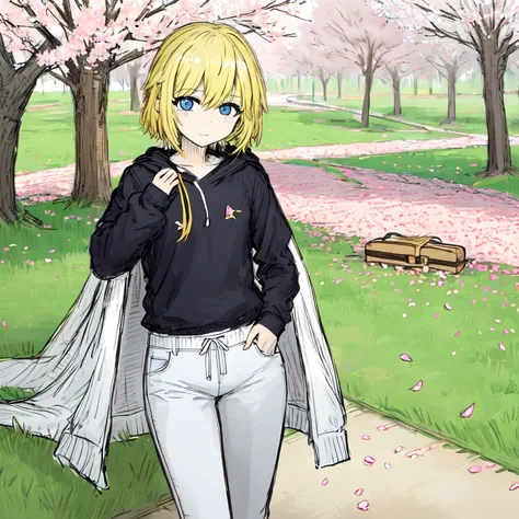 masterpiece, best quality, bs_style, 1girl, solo, lightgoldenrod yellow hair, aliceblue eyes, cowboy shot, Straight-leg pants, crewneck sweatshirt, slide sandals, picnic, cherry blossom tree, (spring:1.2), petals, grass, blanket, soft light, leisure, outdo...