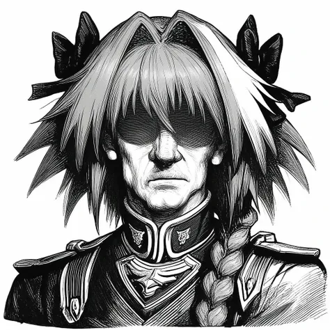 score_9, score_8_up, score_7_up, score_6_up, score_5_up, score_4_up, rating_safe,art by llbreton,monochrome,greyscale, cropped,1man,solo,cropped,portrait,astolfo (fate),military uniform,shaded face,chiseled jawline,red hair,<lora:LLBretonPony-000006:1>