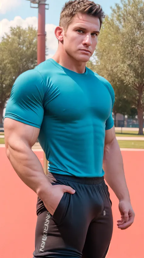 (face focus). (masculine:1.3), (large strong physique:1.1), at outdoor sunny park, (muscular man wearing tight tshirt :1.2), sexy pose:1.0, styled hair, confident, handsome, (((masterpiece))), (((best quality))), (hands on waist), male, athletic, looking a...