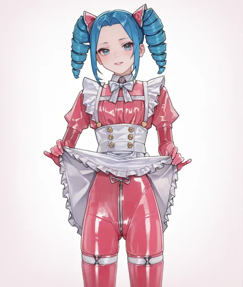 score_9, score_8_up, 1girl, solo,looking at viewer, twin drills, blue hair, pink latex bodysuit, forehead, white harness, waist apron,thighhighs, frills,bowtie, lifted by self,  crotch zipper, <lora:Sal-000027:0.9>