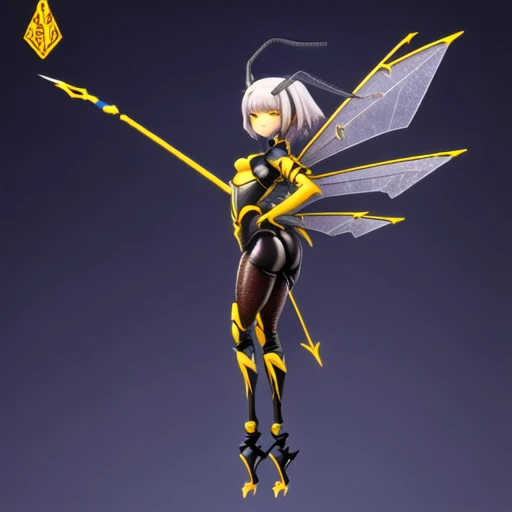 polearm, ass, hand on hip, holding polearm, spear, bodysuit, mechanical wings, yellow eyes, full body, antennae