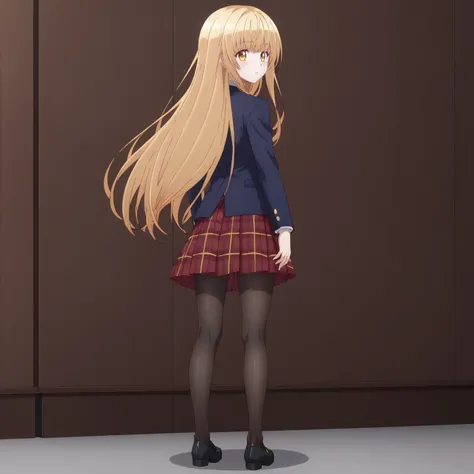 <lora:MahiruShiinaXLpony001>,
solo,
MahiruShiina,1girl,blonde hair,long hair,yellow eyes,
blue blazer,
plaid skirt,
black_pantyhose,
full body,standing,looking back,red skirt,