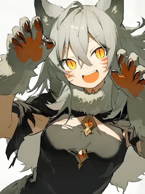 1girl, 
solo, torn clothes, yellow eyes, teeth, fur cape, claws, facial mark, simple background, grey background, fur-trimmed sleeves, smile, torn sleeves, head tilt, small breasts, fur collar, animal ears, wolf girl, long sleeves, cape, fur trim, breasts,...