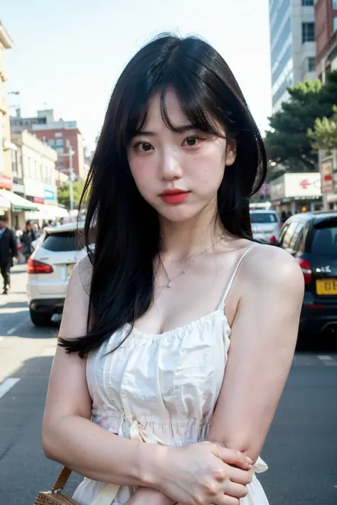 Best quality, masterpiece, ultra high res, (photorealistic), raw photo,1girl, skinny, upper body,solo, realistic, looking at viewer, long hair, bokeh background, city streets,brown eyes, bohemian dress,  <lora:makina69_kimeunbyul_v1.0:1>