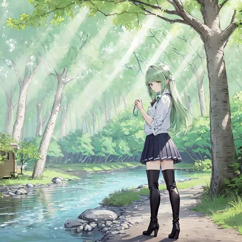 masterpiece, best quality, bs_style, 1girl, solo, cornsilk colored hair, light sea-green eyes, cowboy shot, A-line skirt, blouse, knee-high boots, (river surrounded by trees:1.2),blue sky and cumulonimbus,(camping:1.3),(Riverside:1.3),(in shadow,arbor,ligh...